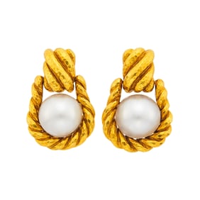 David Webb Pair of Hammered Gold and Mabé Pearl Doorknocker Earclips
