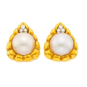 Emis Pair of Gold, Mabé Pearl and Diamond Earclips