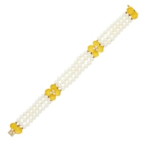Tiffany & Co. Triple Strand Cultured Pearl, Gold and Diamond 'Tiffany Classics Dogwood' Bracelet