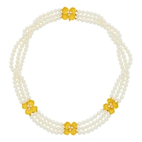 Tiffany & Co. Triple Strand Cultured Pearl, Gold and Diamond 'Tiffany Classics Dogwood' Necklace