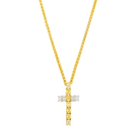 Two-Color Gold, Colored Diamond and Diamond Cross Pendant with Gold-Plated White Gold Chain Necklace
