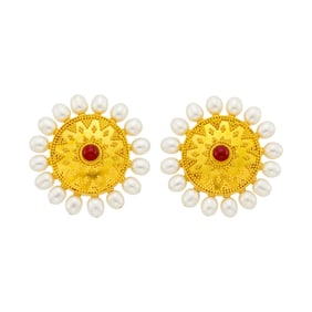 Ilias Lalaounis Pair of Gold, Freshwater Pearl and Cabochon Ruby 'Byzantine' Earclips