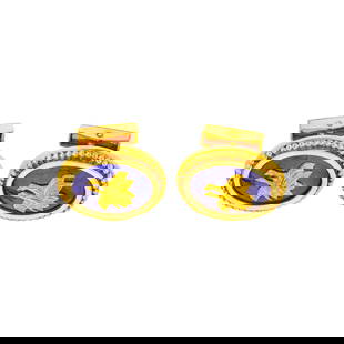 Ilias Lalaounis Gold and Sodalite 'Shield of Achilles' Bird Cufflinks: 18 kt., 2 oval sodalite panels, signed Greece, with maker's marks, ap. 14 dwts. gross. See similar example: ilias Lalaounis, Metamorphoses, 1984, 3rd edition, p. 67, plate 5; p.77, plate 19.