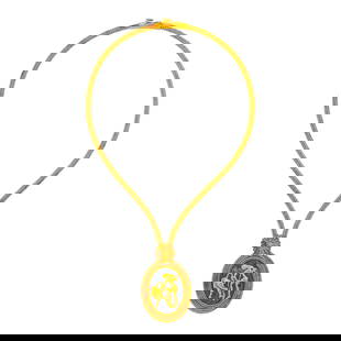 Ilias Lalaounis Gold and Sodalite 'Shield of Achilles' Pendant-Necklace: 18 kt., one oval sodalite plaque ap. 27.0 x 35.0 mm., signed Ilias Lalaounis, Greece, with maker's mark, ap. 47.6 dwts. Length 16 7/8 inches. Pendant 1 1/2 x 1 3/4 inches. Patina to gold.<