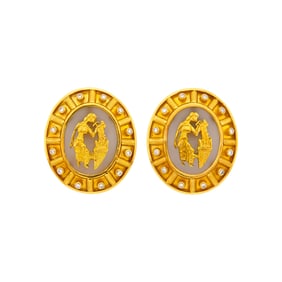 Ilias Lalaounis Pair of Gold, Frosted Rock Crystal and Diamond 'Shield of Achilles' Earclips