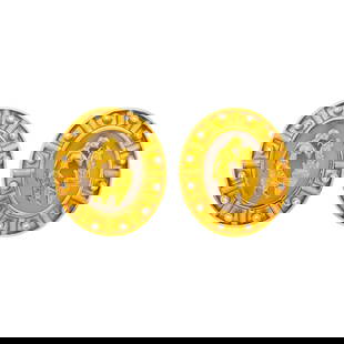 Ilias Lalaounis Pair of Gold, Frosted Rock Crystal and Diamond 'Shield of Achilles' Earclips: 18 kt., 2 oval frosted rock crystal panels, 24 collet-set round diamonds ap. .35 ct., signed Greece, with maker's marks, ap. 17.6 dwts. gross. See similar example: ilias Lalaounis, Metamorphoses
