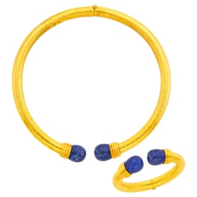 Ilias Lalaounis Hammered Gold and Sodalite Necklace and Bangle Bracelet