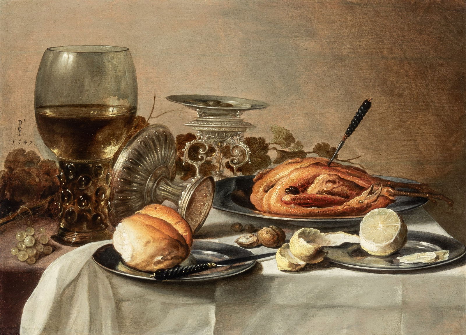 Pieter Claesz: Dutch, 1597-1661Still Life with a Roemer, a Silver Tazza, and a Roast Pheasant on a Pewter Plate Signed with monogram and dated 1647 to the left of the roemer