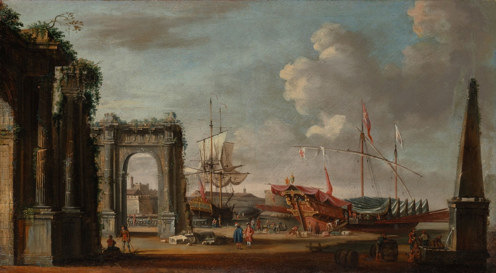 French School: 18th CenturyShips Loading Cargo in a Mediterranean HarborOil on canvas28 x 50 1/4 inches (71.1 x 127.7 cm) Frame 37 x 58 3/4 inches (94 x 129 cm)<