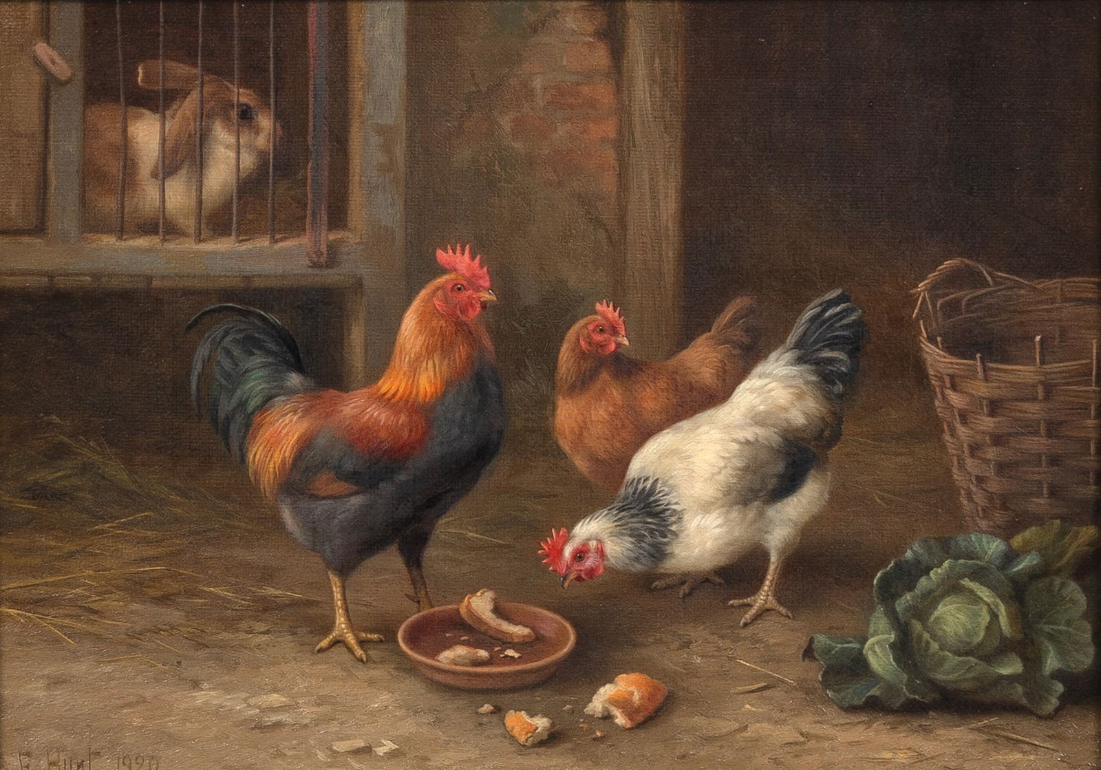 Edgar Hunt: British, 1876-1955The ProtectorSigned E. Hunt and dated 1920 (ll)Oil on canvas8 1/4 x 11 1/4 inches (21 x 28.3 cm)Frame 14 5/8 x 17 3/4 inches (37.2 x 45.1 cm)Provenance:Private