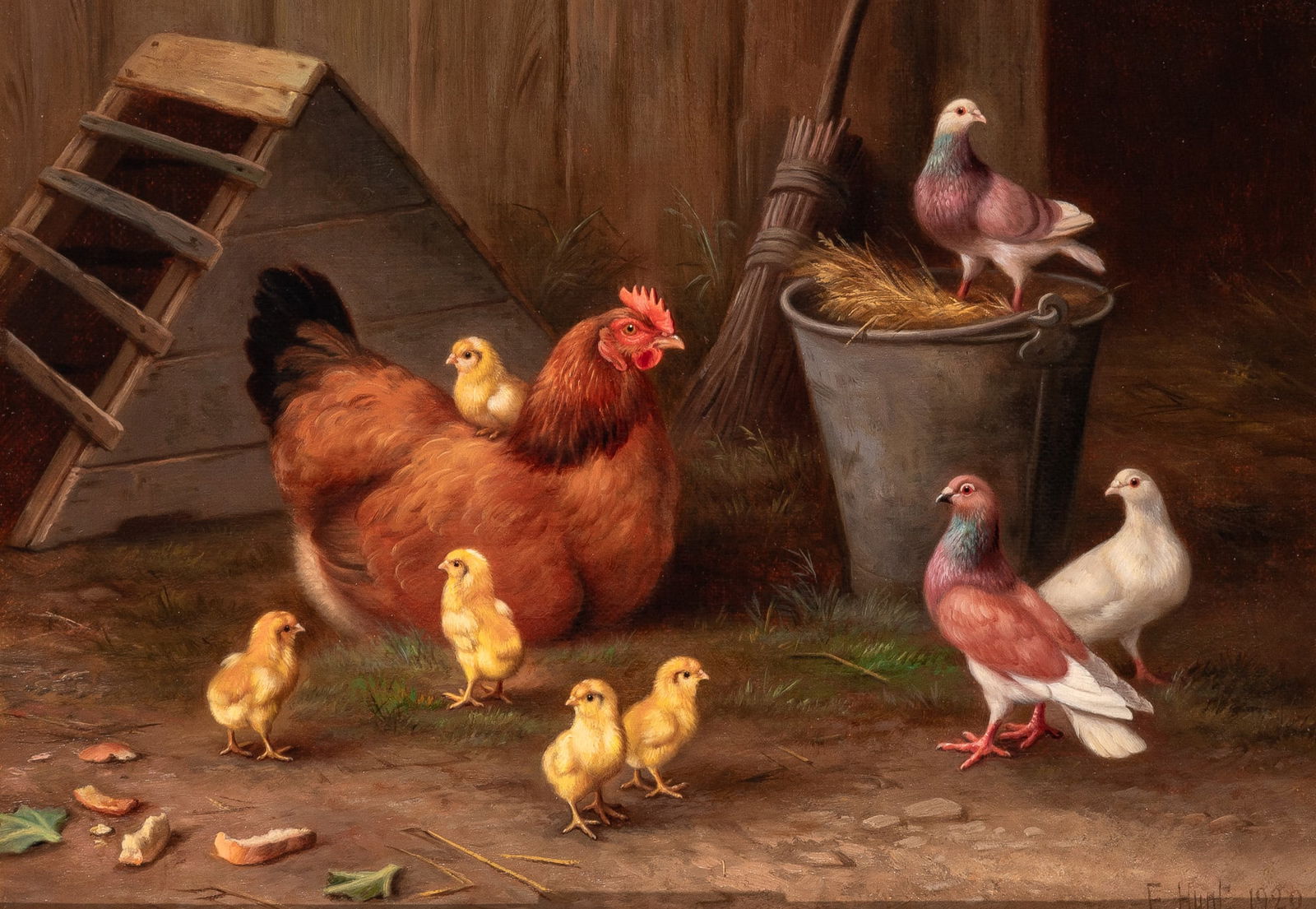 Edgar Hunt: British, 1876-1955A Proud Mother Signed E. Hunt and dated 1920 (lr)Oil on canvas8 1/4 x 11 1/4 inches (21 x 28.3 cm)Frame 14 5/8 x 17 3/4 inches (37.2 x 45.1 cm)Provenance:Privat