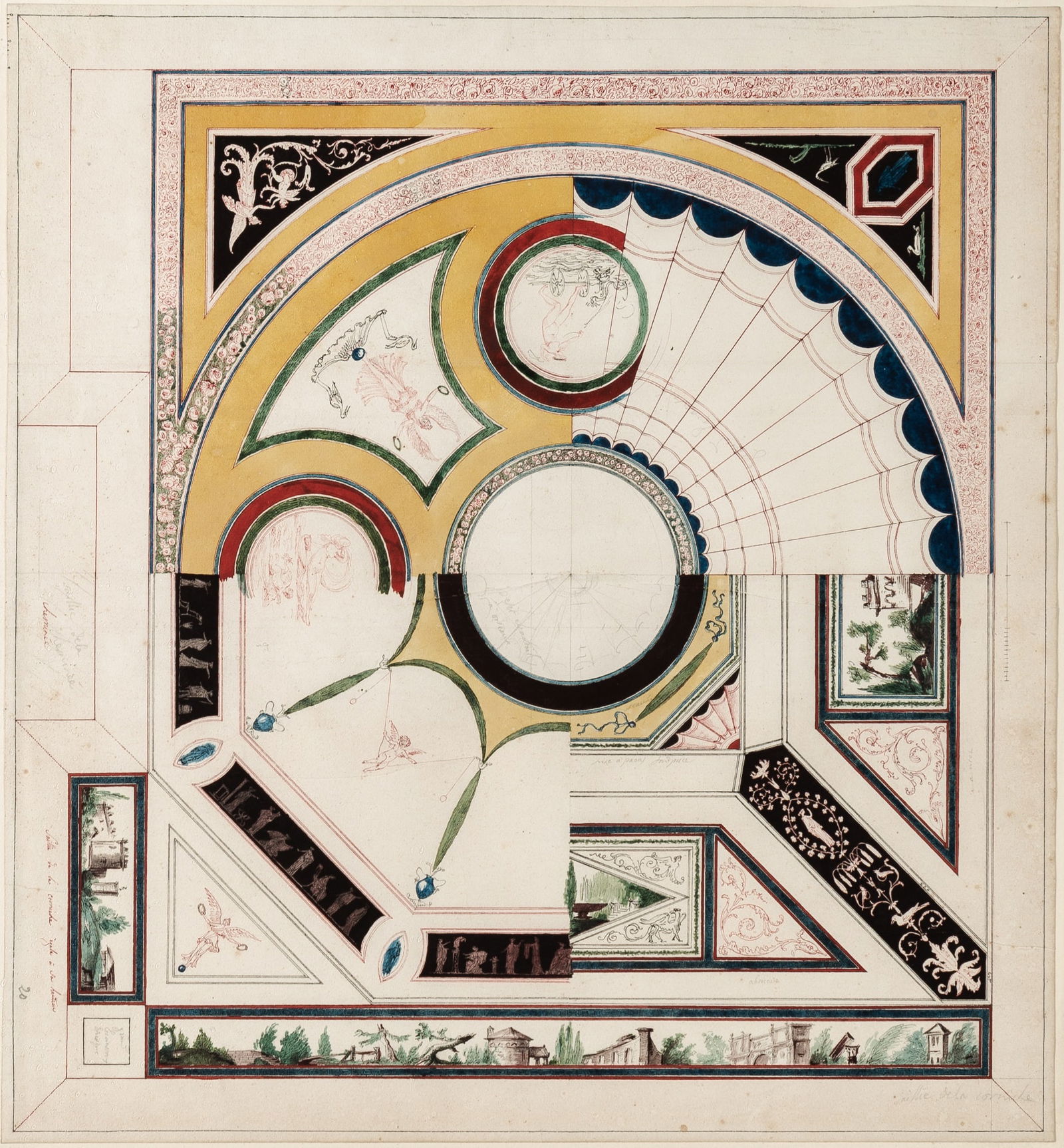 French Architectural Diagram: Drawing of design elements for the interior of a cupola. French: early to mid 19th century. 16 x 17 inches (40.5 x 43 cm); ink and watercolor. Minor soiling, old creases. Framed. Old pencil notations