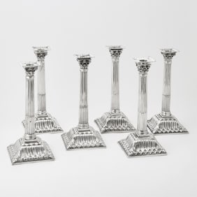 Assembled Set of Six George III Sterling Silver Candlesticks