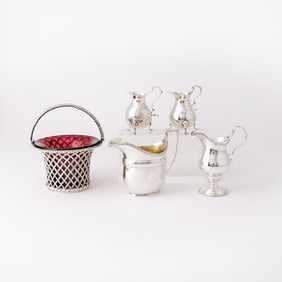 Four Georgian Sterling Silver Cream Jugs and a Victorian Sterling Silver and Ruby Glass Sugar Basket