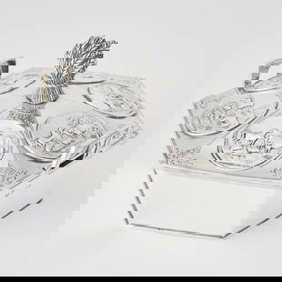 Irish Victorian Sterling Silver Agricultural Prize Covered Butter Dish: James Le Bas, Dublin, 1845 Hexagonal, the cover set with six "Drogheda, Meath and Louth Farming Society" prize medallions (dating 1840-1844) centering a tied wheat sheaf finial. Length over handles 6