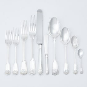Elizabeth II Sterling Silver "Fiddle, Thread & Shell" Pattern Flatware Service