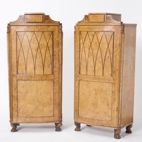 Pair of Baltic Neoclassical Parcel Ebonized and Amaranth Inlaid Karelian Birchwood Cabinets