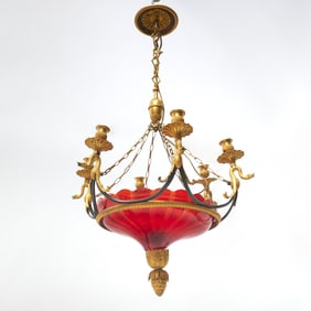 Russian Neoclassical Gilt and Patinated Bronze Mounted Amber-Stained Glass Six-Light Chandelier