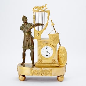 Empire Ormolu and Patinated Bronze Figural Mantel Clock, Orpheus with Lyre