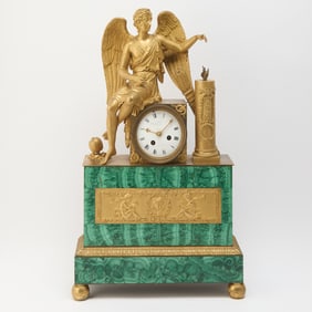 Empire Ormolu and Malachite Figural Mantel Clock