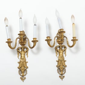Pair of Empire Ormolu Figural Three-Branch Wall-Lights