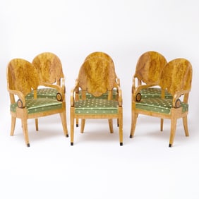 Set of Six Russian Neoclassical Style Parcel Ebonized Karelian Birchwood Armchairs