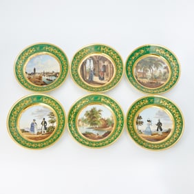 Set of Six Paris, Baruch Weill Porcelain Topographical and Genre Scenes Cabinet Plates