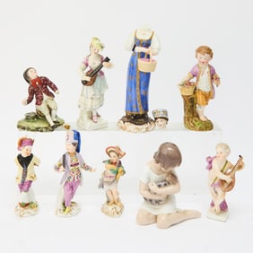 Assorted Group of Nine German, Russian and Royal Copenhagen Porcelain Figures