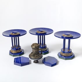 Set of Three Russian Neoclassical Style Silvered Metal and Lapis Lazuli Circular Tazze
