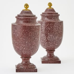 Pair of Louis XVI Gilt-Bronze Mounted Egyptian Porphyry Vases with Covers