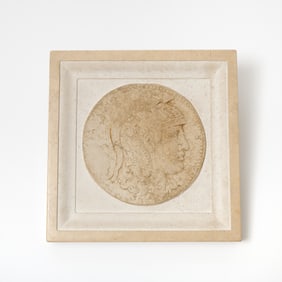 Italian Grand Tour Carved Limestone and Marble Framed Portrait Roundel of Athena