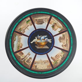 Italian Grand Tour Micromosaic, Malachite, and Lapis Lazuli Inlaid Marble Top Gueridon