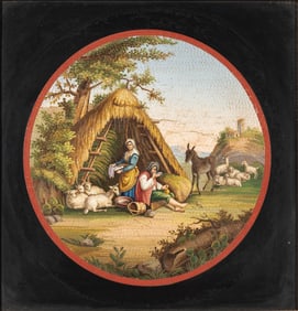 Italian Grand Tour Framed Micromosaic and Marble Panel of a Pastoral Scene