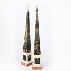 Pair of Italian Grand Tour Neoclassical Style Gilt-Bronze Mounted Portoro Marble Obelisks