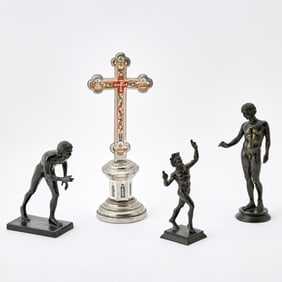 Three Italian Grand Tour Patinated Bronzes and a Micromosaic Cross