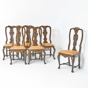Assembled Set of Six Italian Black and Gilt Japanned Side Chairs