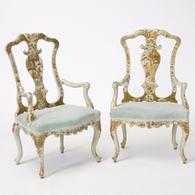 Pair of North Italian Paint and Parcel-Gilt Armchairs