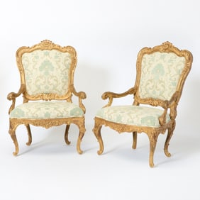 Pair of Venetian Rococo Style Giltwood Armchairs