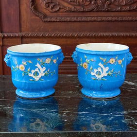 Pair of Saint Cloud (Later Decorated) Turquoise-Blue Ground bottle Coolers (Seaux a Bouteilles)