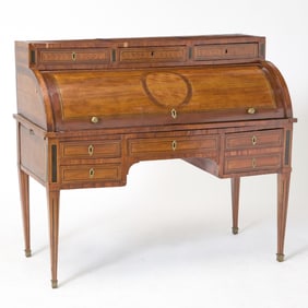 Louis XVI Provincial Walnut, Fruitwood, and Parquetry Bureau a Cylindre