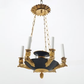 Empire Ormolu and Patinated Bronze Six-Light Chandelier