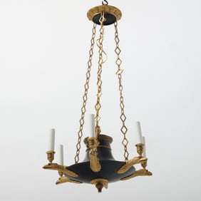 French Empire Ormolu and Patinated Bronze Six Light Chandelier