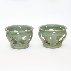 Two Chinese Longquan Celadon Openwork Brazier Stands