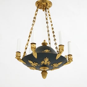 Empire Ormolu and Patinated Bronze Six-Light Chandelier