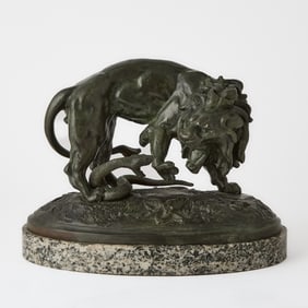 French Patinated Bronze Animalier Figure of a Lion and a Serpent
