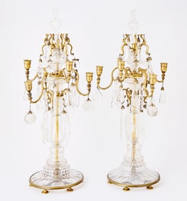 Pair of Louis XVI Style Glass and Gilt-Metal Six-Light Girandoles