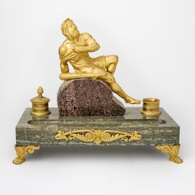 Empire Gilt Bronze Mounted Porphyry and Verde Antico Marble Figural Inkwell