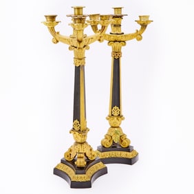 Pair of Restauration Patinated and Gilt-Bronze Four-Light Candelabra