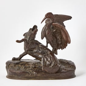 French Bronze Animalier Group of a Wolf and a Stork
