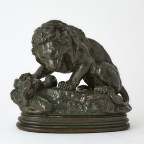 French Patinated Bronze Animalier Figure of a Lion and a Serpent